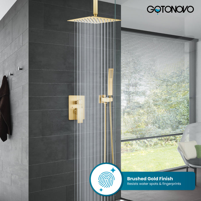 gotonovo Rain Shower System Ceiling Mount 12 Inch Shower Head with Handheld Spray Luxury High Pressure Shower Combo Set Rough-in Valve and Shower Trim Included Dual Function