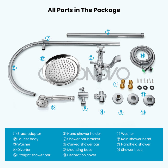 gotonovo Bathroom Classic Exposed Shower Faucet Wall Mount Shower System 8 Inch Luxurious Rainfall Shower Head Set with Tub Spout and Handheld Spray Double Cross Handles