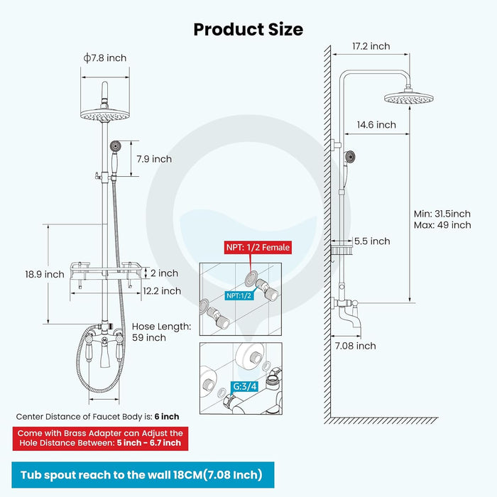 gotonovo Exposed Bathroom Tub Shower Faucet Set Shower System with Shower Shelf 8 inch Rainfall Shower Head with Handheld Sprayer with Tub Spout Wall Mounted Antique Brass Modern Shower Head