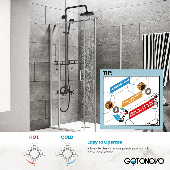 gotonovo Exposed Bathroom Shower Faucet Wall Mounted Shower System Dual Functions 8 inch Wall Mounted with Shower Shelf Double Cross Handles Adjustable Handheld Sprayer