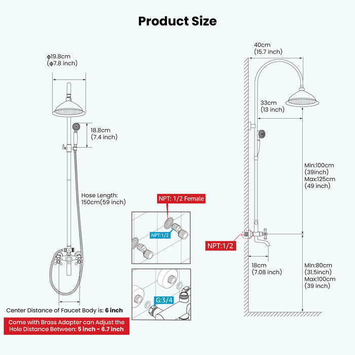 gotonovo Bathroom Classic Exposed Shower Faucet Wall Mount Shower System 8 Inch Luxurious Rainfall Shower Head Set with Tub Spout and Handheld Spray Double Cross Handles