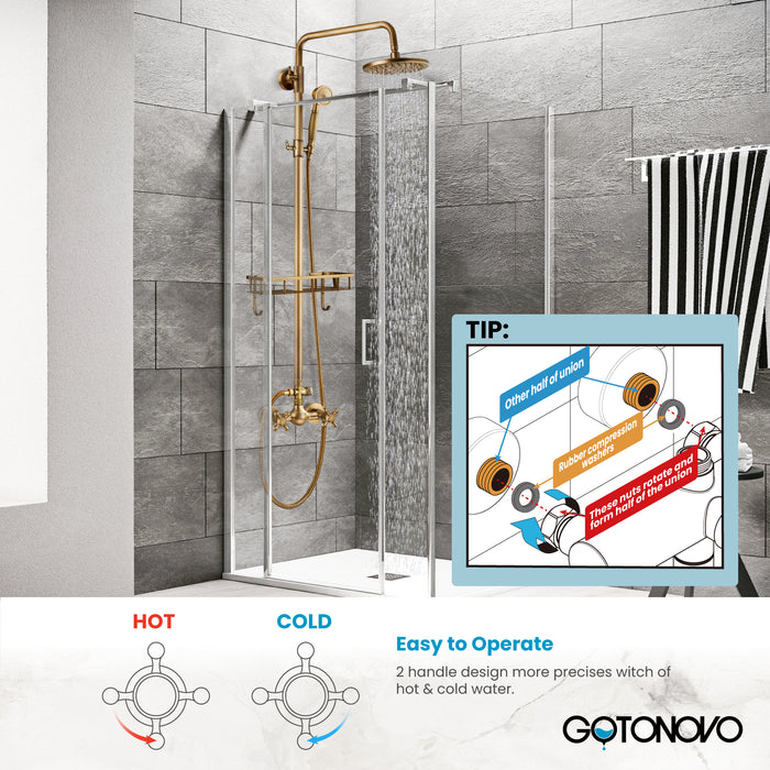 gotonovo Exposed Bathroom Shower Faucet Wall Mounted Shower System Dual Functions 8 inch Wall Mounted with Shower Shelf Double Cross Handles Adjustable Handheld Sprayer