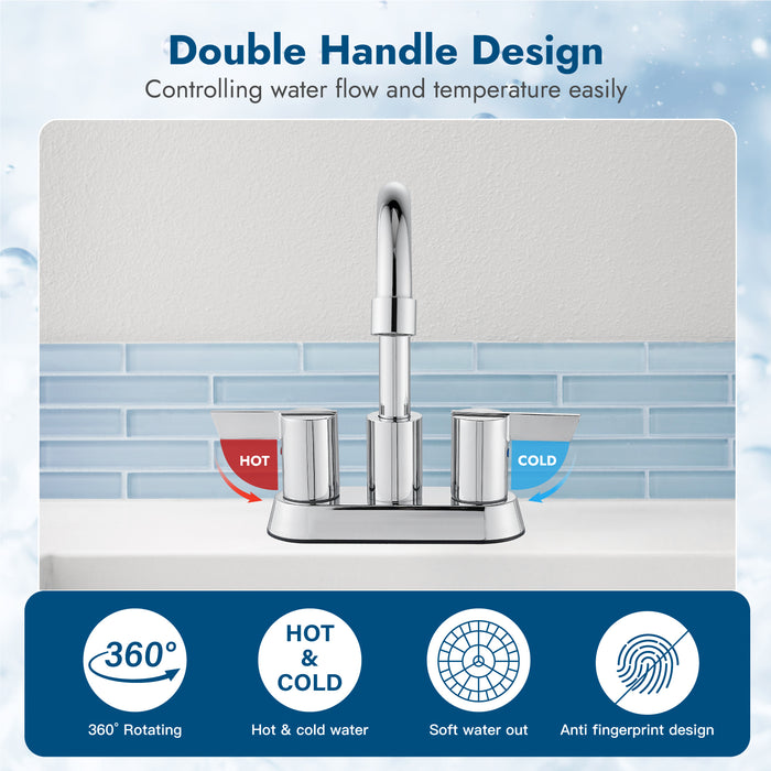 Bathroom Faucet 2 Handle Centerset Bathroom Sink Faucet 4 Inch Bathroom Faucets 360°Swivel Spout Deck Mounted Lavatory Vanity Faucet Mixer Tap with Pop Up Drain
