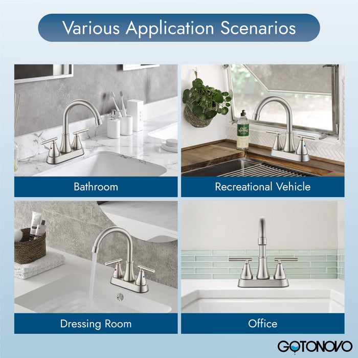 Bathroom Faucets 4 Inch Centerset Bathroom Sink Faucet Deck Mounted Swivel Spout Vanity Lavatory Faucet with Pop-Up Drain 2 Handle Utility Rv Sink Faucet