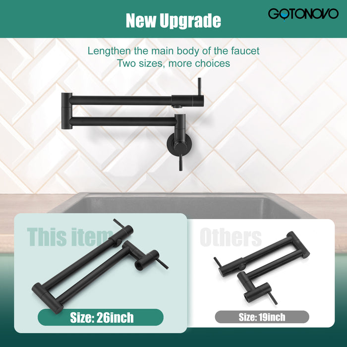 gotonovo Pot Filler 24" Wall Mount Folding Stretchable Kitchen Restaurant Faucet Stainless Steel Potfiller with Double Joint Swing Arm Single Hole Two Handles 1/2NPT Male