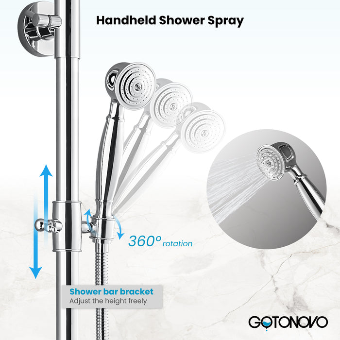 gotonovo Exposed Bathroom Shower System Classic Shower Kit 8 Inch Luxurious Rainfall Shower Head Handheld Spray Tub Filler Brass Pipe 3-Function Wall Mount Double Cross Knobs