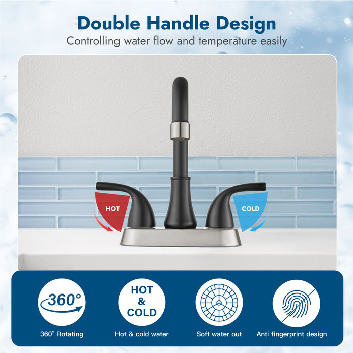4 Inch Bathroom Sink Faucet 2 Handle Bathroom Faucet 360° Swivel Spout Deck Mounted Vanity Faucet with Water Supply Hoses with Pop up Drain