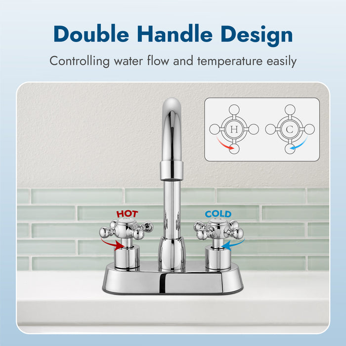 4 Inch centerset Bathroom Faucet Double Cross Handle Vanity Faucet 360° Swivel Spout Deck Mounted Mixer Tap with Pop up Drain Water Supply Hoses