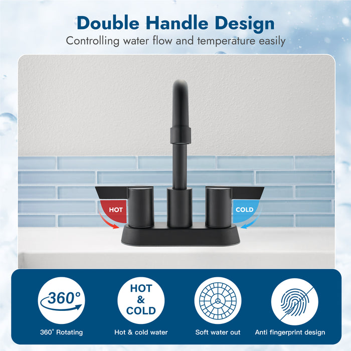 Bathroom Faucet 2 Handle Centerset Bathroom Sink Faucet 4 Inch Bathroom Faucets 360°Swivel Spout Deck Mounted Lavatory Vanity Faucet Mixer Tap with Pop Up Drain