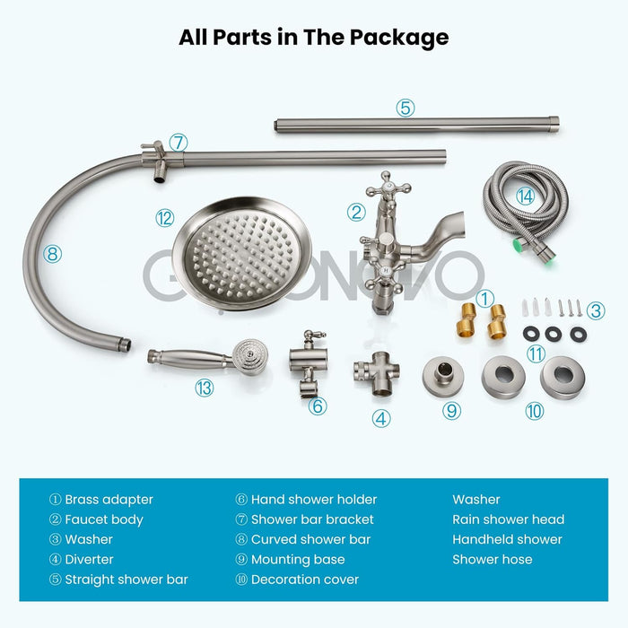 gotonovo Bathroom Classic Exposed Shower Faucet Wall Mount Shower System 8 Inch Luxurious Rainfall Shower Head Set with Tub Spout and Handheld Spray Double Cross Handles