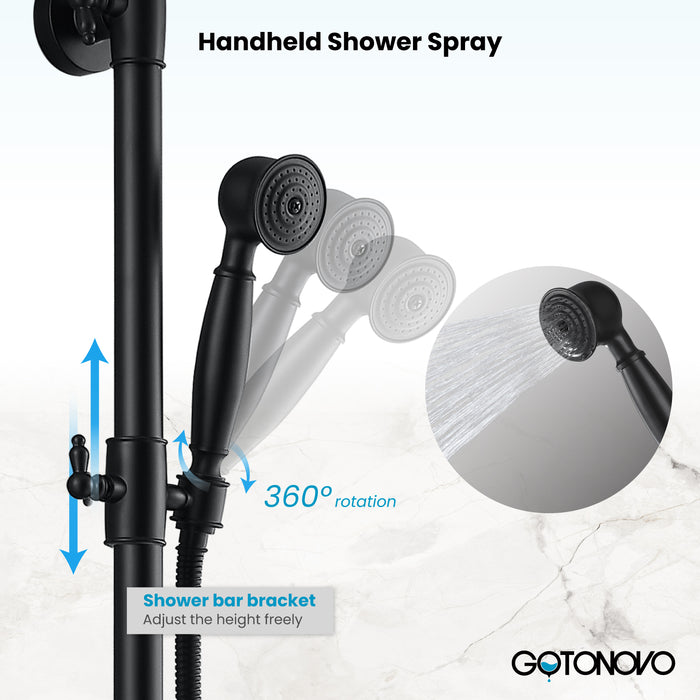 gotonovo Exposed Bathroom Shower System Classic Shower Kit 8 Inch Luxurious Rainfall Shower Head Handheld Spray Tub Filler Brass Pipe 3-Function Wall Mount Double Cross Knobs