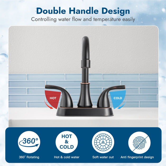4 Inch Bathroom Sink Faucet 2 Handle Bathroom Faucet 360° Swivel Spout Deck Mounted Vanity Faucet with Water Supply Hoses with Pop up Drain