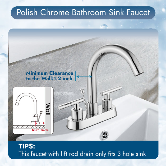 4 Inch Centerset Bathroom Faucets with Lift Rod Drain Stopper Bathroom Sink Faucet 3 Holes Dual Handle Vanity Faucet 360° Swivel Spout Lavatory RV Faucet Mixer Tap