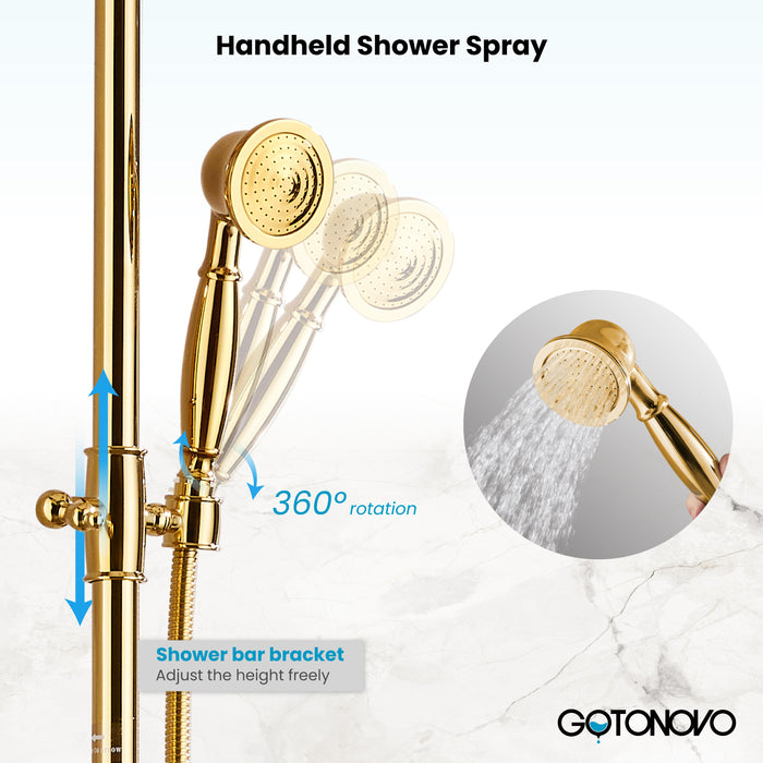 gotonovo Bathroom Classic Exposed Shower Faucet Wall Mount Shower System 8 Inch Luxurious Rainfall Shower Head Set with Tub Spout and Handheld Spray Double Cross Handles