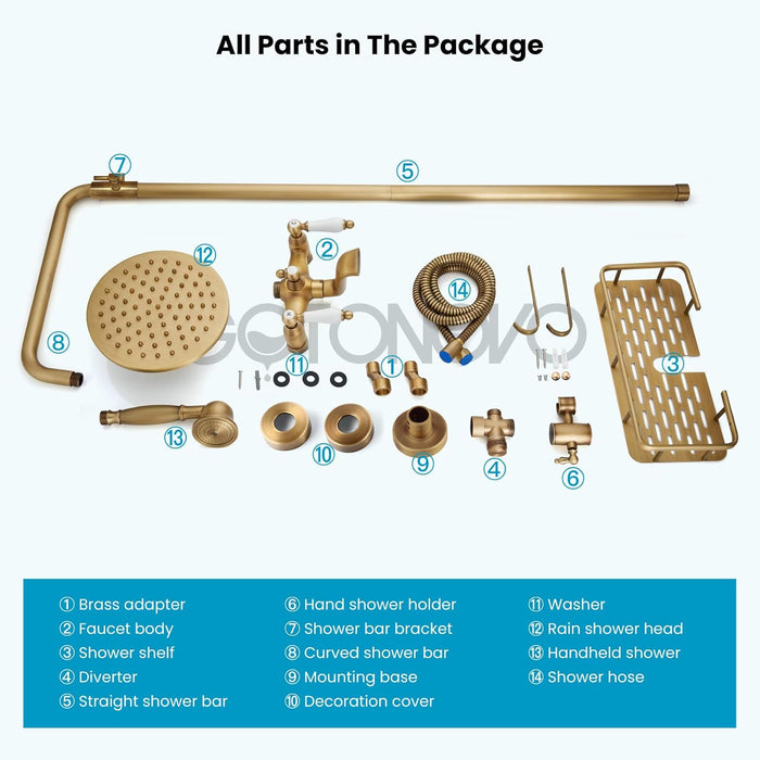gotonovo Exposed Bathroom Tub Shower Faucet Set Shower System with Shower Shelf 8 inch Rainfall Shower Head with Handheld Sprayer with Tub Spout Wall Mounted Antique Brass Modern Shower Head
