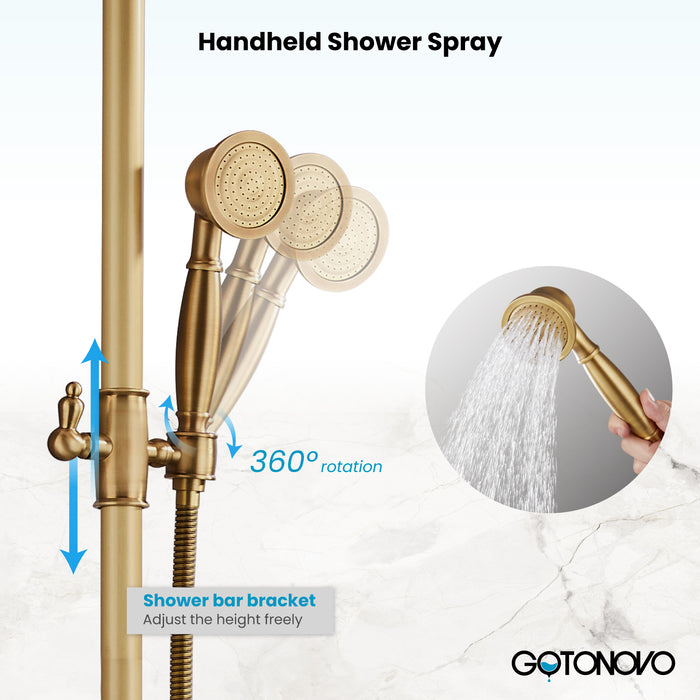 gotonovo Bathroom Classic Exposed Shower Faucet Wall Mount Shower System 8 Inch Luxurious Rainfall Shower Head Set with Tub Spout and Handheld Spray Double Cross Handles
