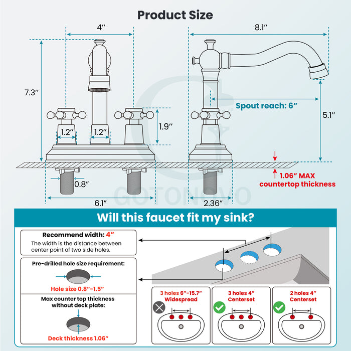 gotonovo 4 Inch Centerset Bathroom Sink Faucet 2 Hole Brass 2 Double Cross Handles Vanity Deck Mounted Mixer Tap Basin Lavatory Faucet Include Water Hose with Pop Up Drain