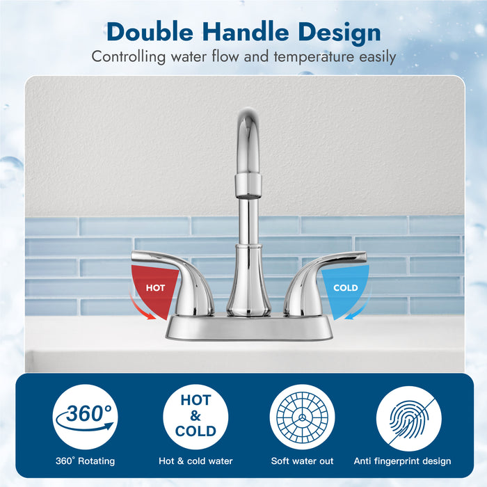 4 Inch Bathroom Sink Faucet 2 Handle Bathroom Faucet 360° Swivel Spout Deck Mounted Vanity Faucet with Water Supply Hoses with Pop up Drain