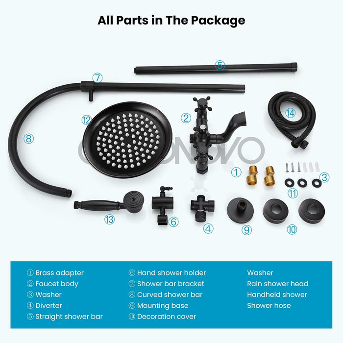 gotonovo Bathroom Classic Exposed Shower Faucet Wall Mount Shower System 8 Inch Luxurious Rainfall Shower Head Set with Tub Spout and Handheld Spray Double Cross Handles