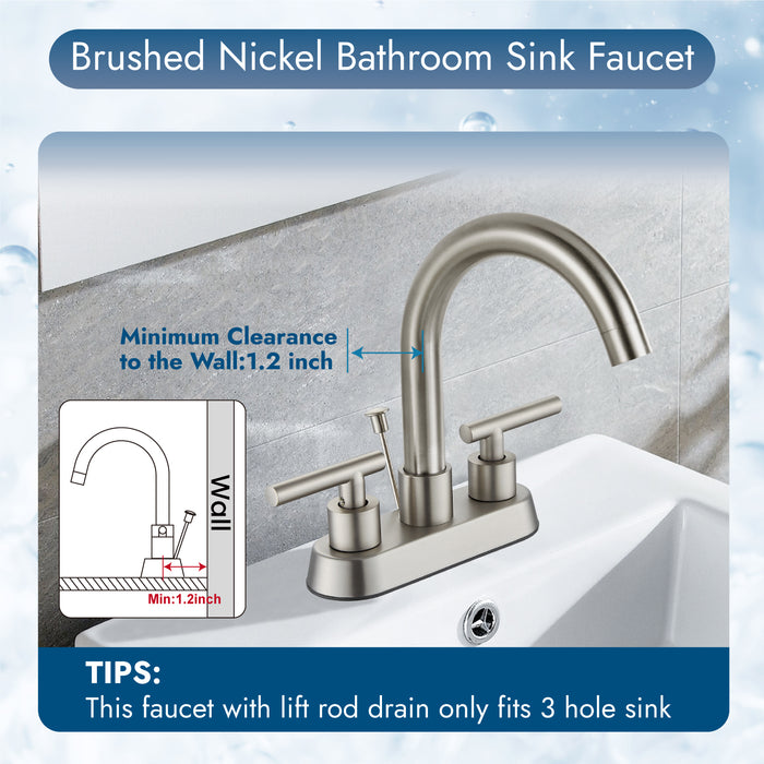 4 Inch Centerset Bathroom Faucets with Lift Rod Drain Stopper Bathroom Sink Faucet 3 Holes Dual Handle Vanity Faucet 360° Swivel Spout Lavatory RV Faucet Mixer Tap