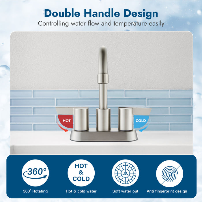 Bathroom Faucet 2 Handle Centerset Bathroom Sink Faucet 4 Inch Bathroom Faucets 360°Swivel Spout Deck Mounted Lavatory Vanity Faucet Mixer Tap with Pop Up Drain
