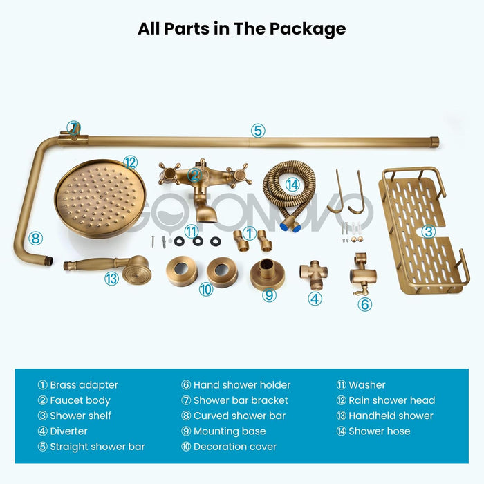 gotonovo Exposed Bathroom Tub Shower Faucet Set with Shower Shelf 8 inch Rainfall Shower Head with Handheld Spray with Tub Spout Shower System 3 Function Wall Mounted Double Cross Handle