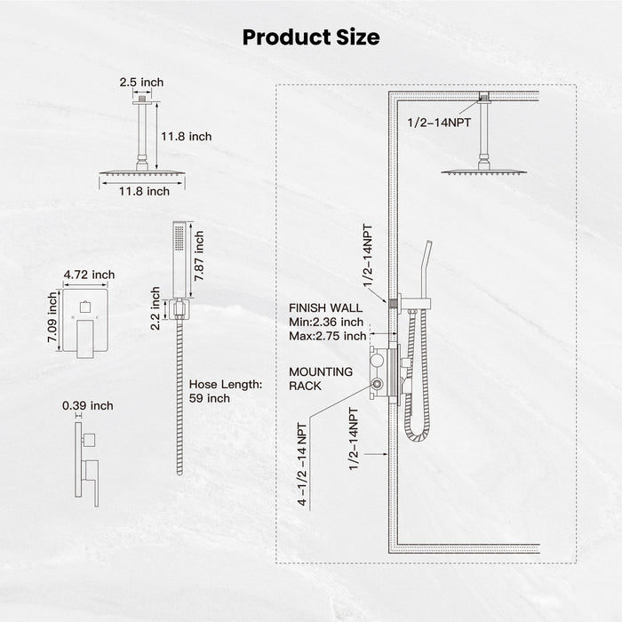 gotonovo Rain Shower System Ceiling Mount 12 Inch Shower Head with Handheld Spray Luxury High Pressure Shower Combo Set Rough-in Valve and Shower Trim Included Dual Function