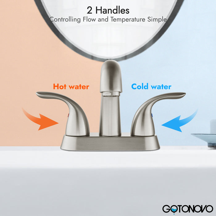 4'' Centerset Bathroom Lavatory Faucet Deck Mount 2 Handles Bathroom Sink Faucet Mixer Tap with Deck Plate Pop up Drain and Water Supply Hoses