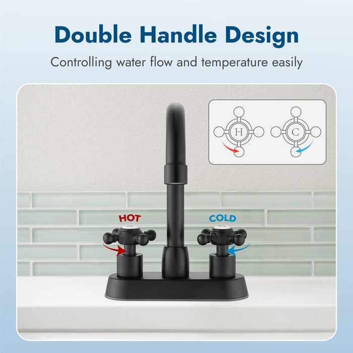 4 Inch centerset Bathroom Faucet Double Cross Handle Vanity Faucet 360° Swivel Spout Deck Mounted Mixer Tap with Pop up Drain Water Supply Hoses