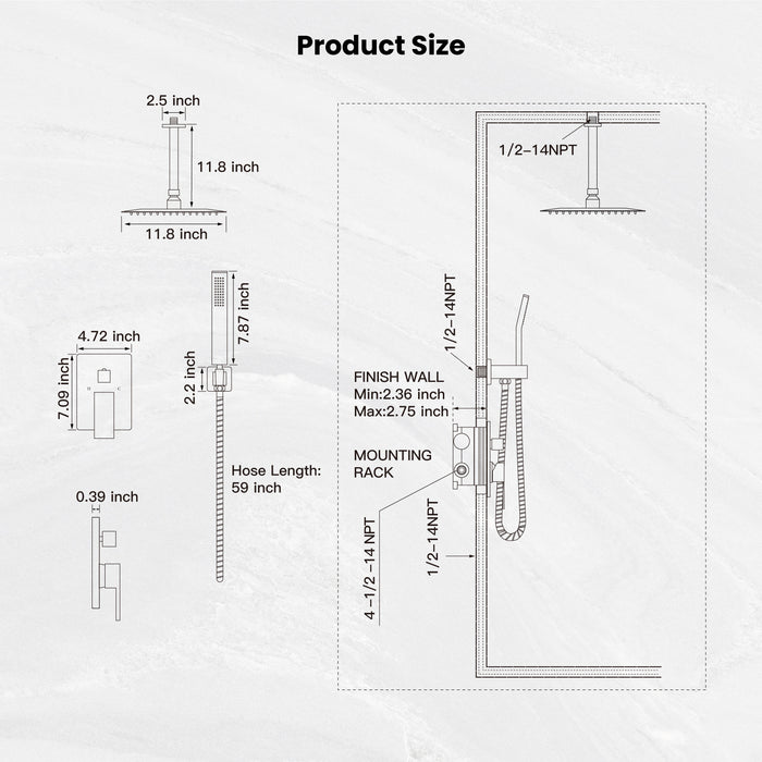 gotonovo Rain Shower System Ceiling Mount 12 Inch Shower Head with Handheld Spray Luxury High Pressure Shower Combo Set Rough-in Valve and Shower Trim Included Dual Function