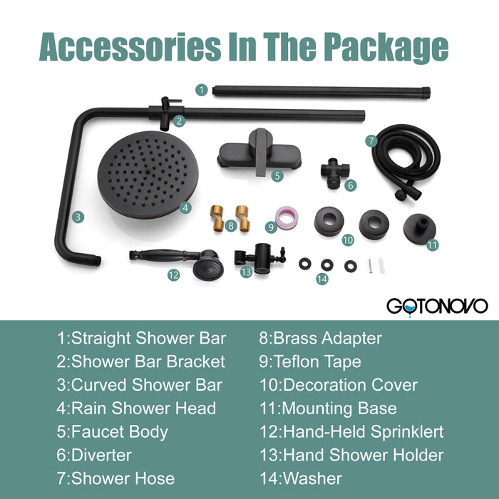 gotonovo Exposed Pipe Shower Kit 8” Rainfall Shower Head System Set One Handle with Hand Held Spray Bathroom Shower Faucet Adjustable Showerhead Bar