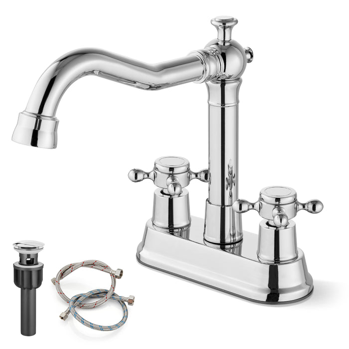 gotonovo 4 Inch Centerset Bathroom Sink Faucet 2 Hole Brass 2 Double Cross Handles Vanity Deck Mounted Mixer Tap Basin Lavatory Faucet Include Water Hose with Pop Up Drain