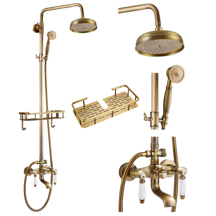 gotonovo Antiek Messing Blootgestelde Badkamer Douchekraan met Doucheplank 8 inch Regendouche Wandmontage Dubbele hendelgreep Verstelbaar Handsproeier Douchesysteem 3-Functie met Baduitloop