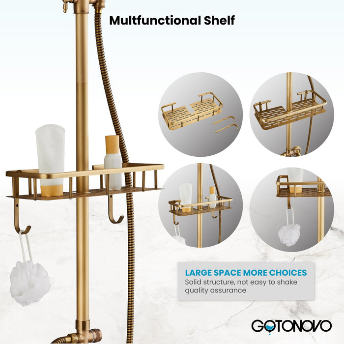 gotonovo Antique Brass Exposed Bathroom Shower Faucet with Shower Shelf 8 inch Rain Shower Head Wall Mounted Double Lever Handles Shower Shower System with Handheld Sprayer 3 Function with Tub Spout