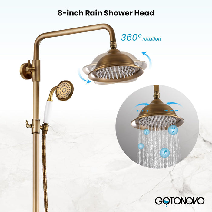 gotonovo Antique Brass Exposed Bathroom Shower Faucet with Shower Shelf 8 inch Rain Shower Head Wall Mounted Double Lever Handles Shower Shower System with Handheld Sprayer 3 Function with Tub Spout