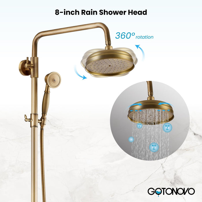 gotonovo Antique Brass Exposed Bathroom Shower Faucet with Shower Shelf 8 inch Rainfall Shower Head Wall Mounted Double Lever Handle Adjustable Handheld Sprayer Shower System 3-Function with Tub Spout