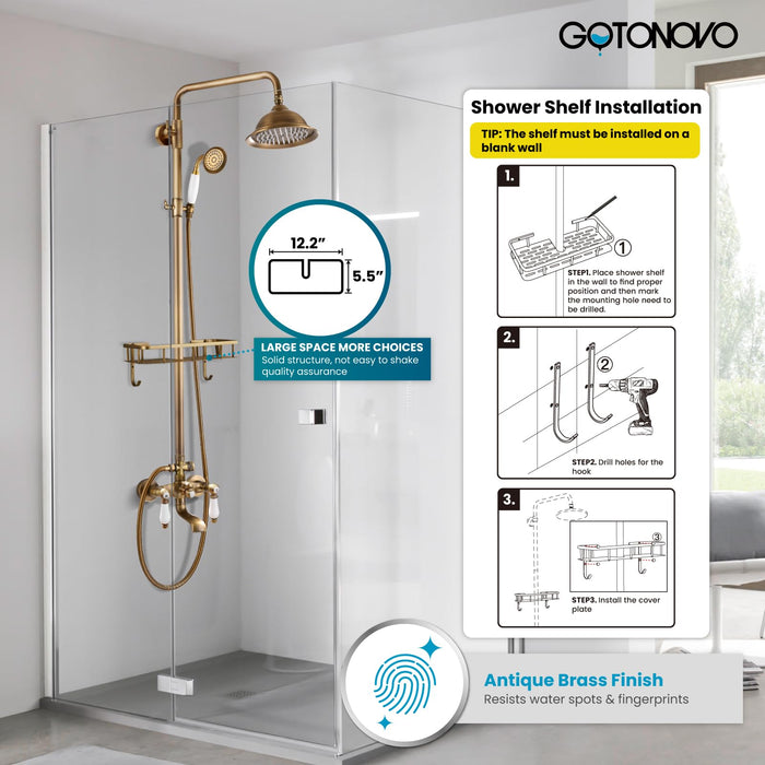 gotonovo Antique Brass Exposed Bathroom Shower Faucet with Shower Shelf 8 inch Rain Shower Head Wall Mounted Double Lever Handles Shower Shower System with Handheld Sprayer 3 Function with Tub Spout