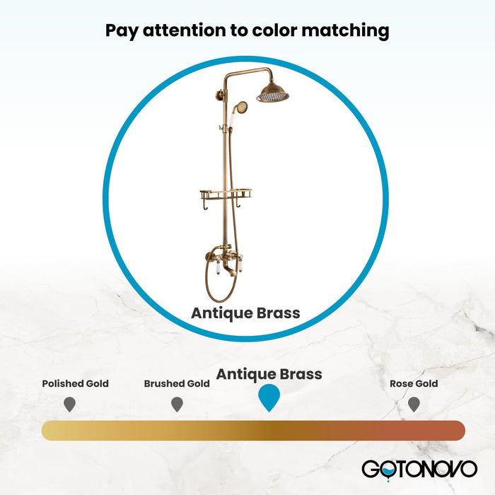 gotonovo Antique Brass Exposed Bathroom Shower Faucet with Shower Shelf 8 inch Rain Shower Head Wall Mounted Double Lever Handles Shower Shower System with Handheld Sprayer 3 Function with Tub Spout