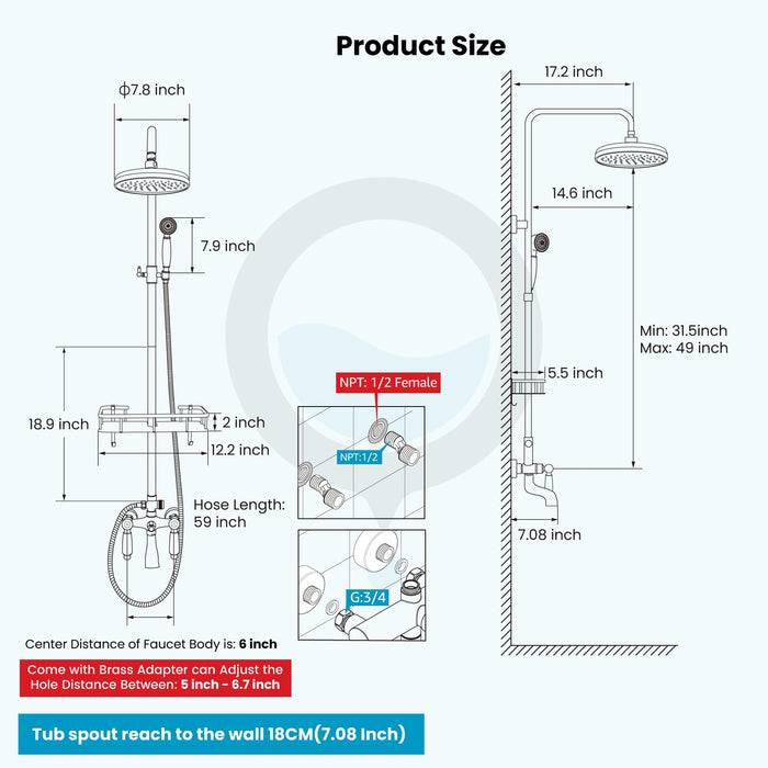 gotonovo Antique Brass Exposed Bathroom Shower Faucet with Shower Shelf 8 inch Rainfall Shower Head Wall Mounted Double Lever Handle Adjustable Handheld Sprayer Shower System 3-Function with Tub Spout
