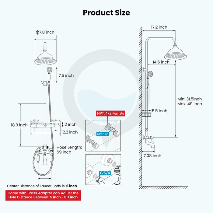 gotonovo Antique Brass Exposed Bathroom Shower Faucet with Shower Shelf 8 inch Rain Shower Head Wall Mounted Double Lever Handles Shower Shower System with Handheld Sprayer 3 Function with Tub Spout