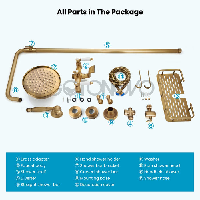 gotonovo Antique Brass Exposed Bathroom Shower Faucet with Shower Shelf 8 inch Rainfall Shower Head Wall Mounted Double Lever Handle Adjustable Handheld Sprayer Shower System 3-Function with Tub Spout