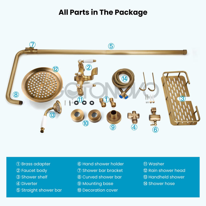 gotonovo Antique Brass Exposed Bathroom Shower Faucet with Shower Shelf 8 inch Rain Shower Head Wall Mounted Double Lever Handles Shower Shower System with Handheld Sprayer 3 Function with Tub Spout