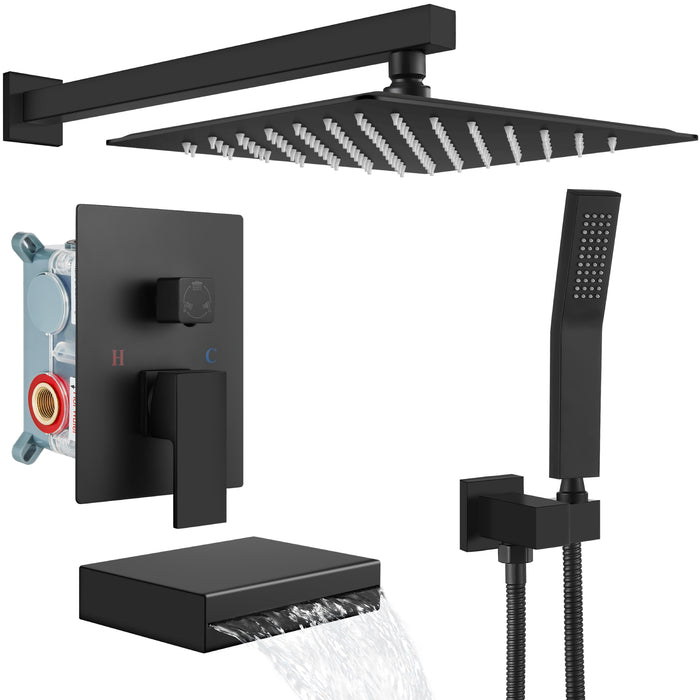 gotonovo Rain Shower Combo Set with Thick Waterfall Tub Spout,Square Rainfall Shower Head with Handheld Spray Wall Mounted Pressure Balance Rough-in Valve and Trim Included