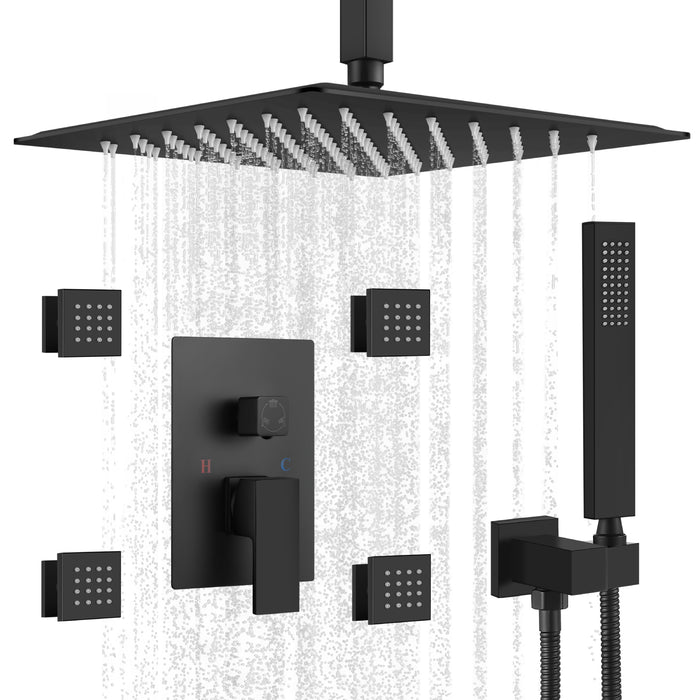 gotonovo Rain Mixer Shower Faucet Set Ceiling Mounted Rainfall Shower Head with 4 Body Spray Jets and Brass Handshower Rough-in Valve and Trim Included
