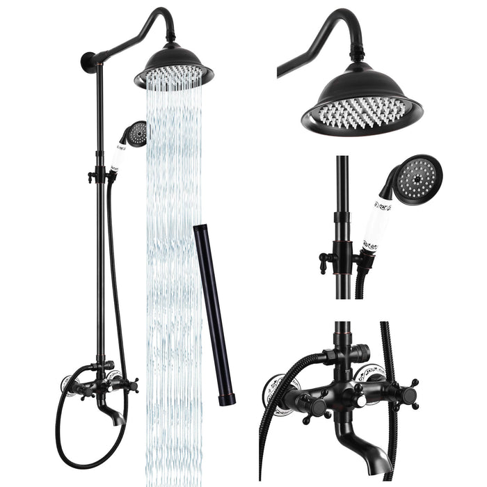 Shower System Set Complete 8 Rain Shower Faucet 2 Double Knobs Handle Triple Function Tub Spout Shower Fixture Unit 12 Inch Extention