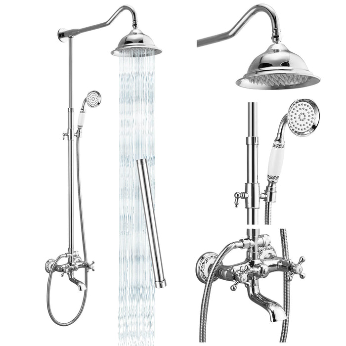 Shower System Set Complete 8 Rain Shower Faucet 2 Double Knobs Handle Triple Function Tub Spout Shower Fixture Unit 12 Inch Extention