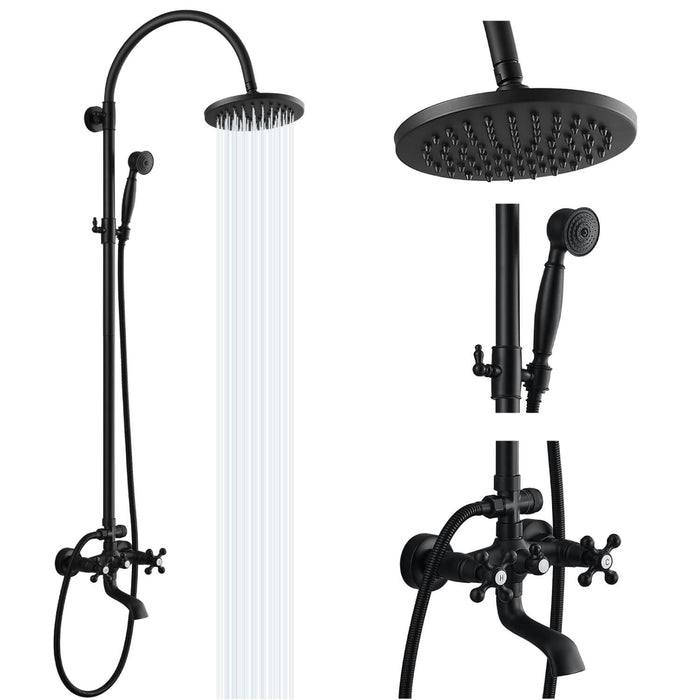 Gotonovo Exposed Shower Faucet Set Brass Dual Knobs 8 Inch Rainfall Round Head Mixer Tap Hand held Spray 3 Functions Shower System Tub Spout Bathroom Shower Combo Unit Set Wall Mounted