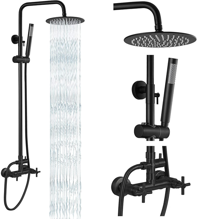 gotonovo Outdoor Shower Faucet SUS304 Shower Fixture System Combo Set Double Cross Handle Rainfall Shower Head High Pressure Hand Spray Wall Mount 2 Function 8 inch
