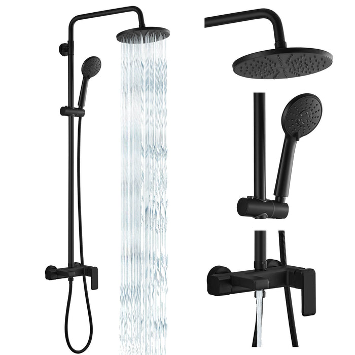 Gotonovo Exposed Shower Faucet Matte Black 8 inch Rain ABS Shower Head and Handheld Sprayer Shower Fixture Combo System Unit Set