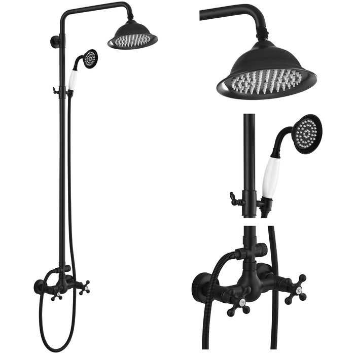 Gotonovo Exposed Shower System 8 Inch Rainfall Shower Head Dual Cross Handle with Handheld Spray Bathroom Shower System Wall Mount
